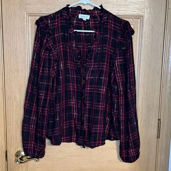 Evereve Charlotte Red Black Gold Ruffle Button Down Large - Picture 2 of 7